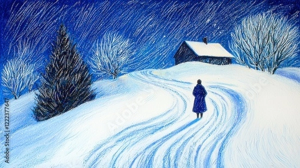 Obraz Solitary Figure Walking Through Snowy Landscape Under Starry Sky