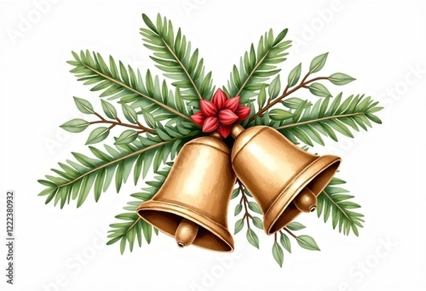 Fototapeta Isolated Christmas Bell Clipart: Soft Brown, Sage Green Holly, Watercolor, Rustic Design, Single-Centered, Hand Painted, Neutral Tones, Pure White Background.

