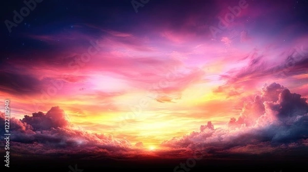 Fototapeta Vibrant sunset over cloudscape, night sky background, atmospheric scene, ideal for travel brochures