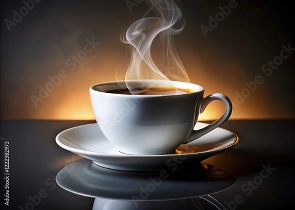 Fototapeta Aromatic coffee steam rises from a white cup and saucer, isolated on a clean background; ideal for beverage mockups.
