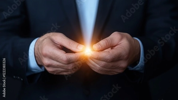 Fototapeta man wearing a formal suit stands in a dimly lit studio, holding a small glowing light between his hands