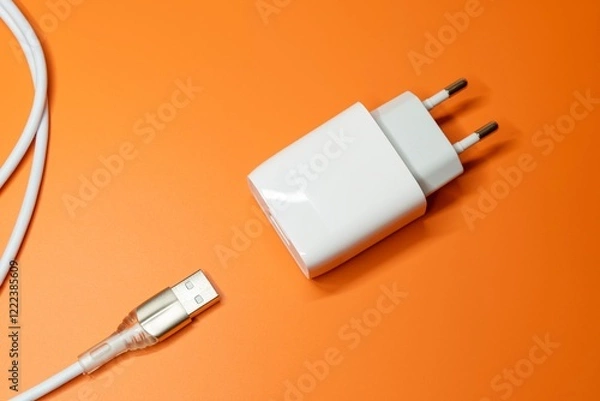 Obraz White power supply and USB cable on orange background. Power adapter, home electronics charger