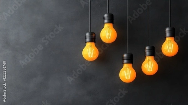 Fototapeta Five orange light bulbs hang from black cables, adding warmth and charm to a dark interior space