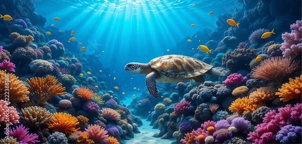 Fototapeta Underwater Coral Scene: A vibrant underwater scene filled with colorful coral reefs, exotic fish, and a giant sea turtle swimming peacefully.