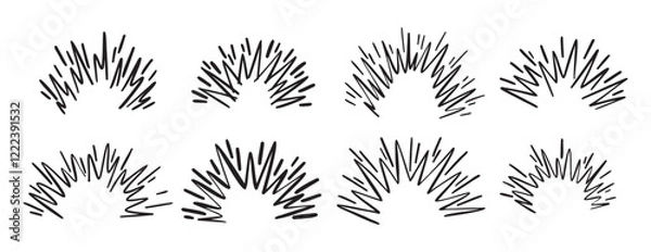 Fototapeta Cartoon doodle line hand drawn boom effect set. comic bomb explosion. energy hit, crash with sparks. Power action elements 