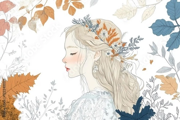 Fototapeta a whimsical fashion illustration series featuring delicate line drawings of young women in seasonal attire, with flowing dresses and nature-inspired elements, minimal shading, coloring book style