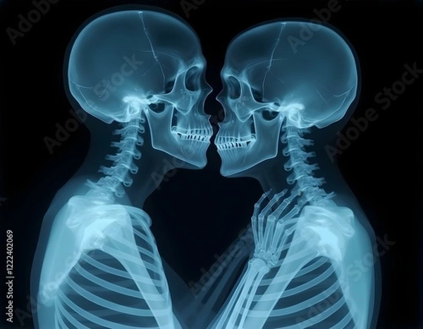 Fototapeta An X-Ray photograph of a couple of skeletons embracing and kissing