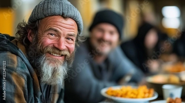 Obraz A smiling homeless man at a shelter enjoying a warm meal, surrounded by others in a supportive community setting, highlighting hope and kindness