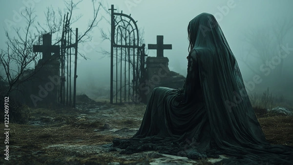 Fototapeta Mysterious figure cloaked in black gazes at foggy cemetery gates in the eerie twilight hours