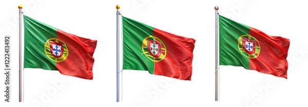 Fototapeta National flag of Portugal waving on a flagpole isolated on transparent background