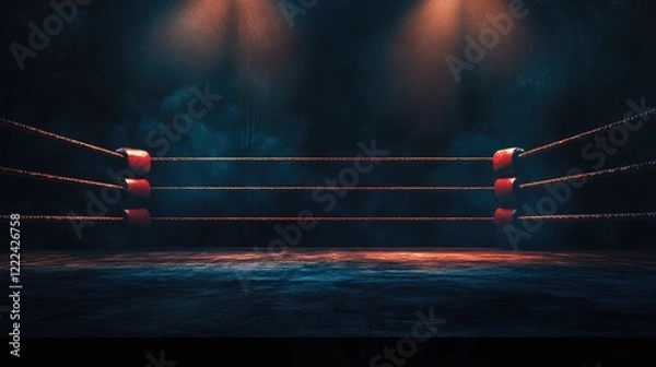 Obraz Empty professional boxing ring in the dark, illuminated spotlight. Sport background.