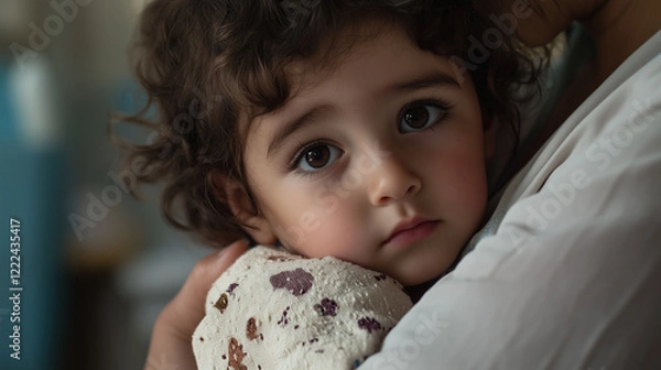 Fototapeta girl holding doll looks little sad and insecure with curly brown hair on home background. It seems like moment of concern and needing extra care
