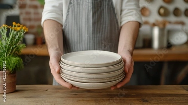 Obraz Person in apron holding a stack of plates.