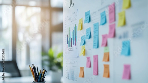 Fototapeta Visualizing Success: A whiteboard is covered in colorful sticky notes and a graph, signifying a brainstorming session and visual representation of ideas, plans, and project management.
