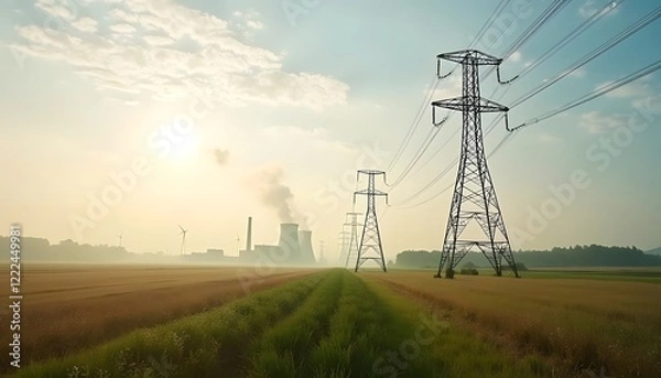 Fototapeta High-voltage power lines stretching across a field of wildflowers with a distant power plant emitting smoke under a bright sun.
