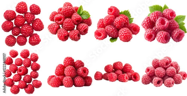 Fototapeta Collection of various a pile of fresh raspberries with dewdrops glistening on the surface isolated on white transparent background PNG set