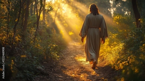 Obraz A symbolic image of Jesus walking barefoot along a winding path in a quiet forest, with rays of light breaking through the trees, symbolizing the journey of faith and inner peace