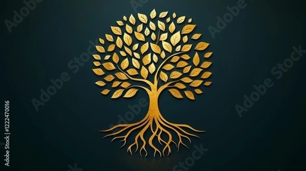 Fototapeta A vibrant and clean logo for a life insurance company, featuring a stylized tree with roots, symbolizing growth and protection, using green and gold tones for trust and stability