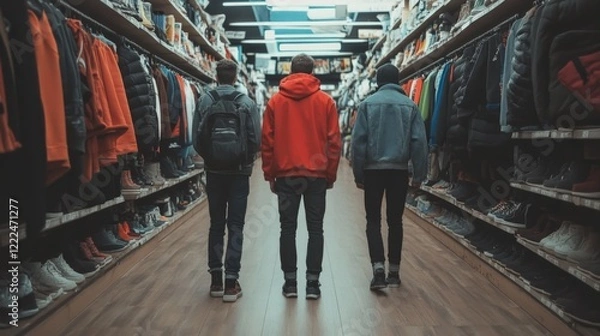 Fototapeta Three young men standing in a retail store aisle browsing winter clothing and footwear.