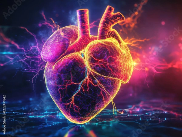 Fototapeta AI monitoring stress through heart rate variability and biometric data analysis with a digital representation of the human heart