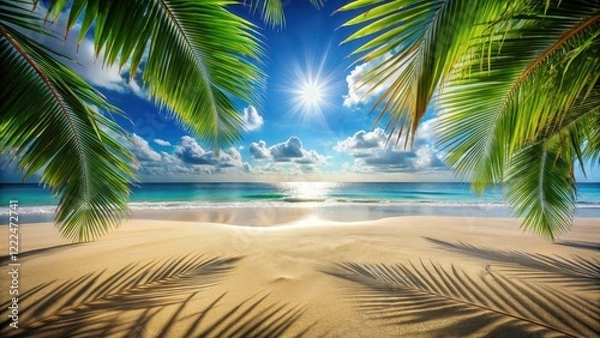 Fototapeta Tranquil Beach Scene Palm Fronds Frame a Sunny Ocean Vista, Golden Sand Beckons, Gentle Waves Lap the Shore
