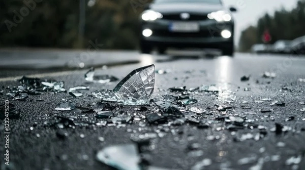 Fototapeta Safety hazards: remnants of glass on the roadway after an accident.