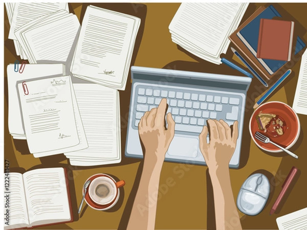 Fototapeta top view bussines workplace work on computer paperwork messy papers, coffee and books on table list paper document dark table background studying