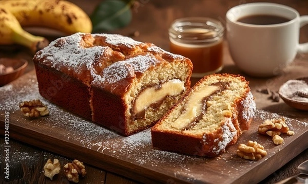 Fototapeta  Stuffed Banana Bread sliced to reveal its rich, gooey filling, Generative AI