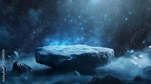 Obraz Floating Rock Pedestal Surrounded by Glowing Cosmic Particles in Futuristic and Ethereal Background