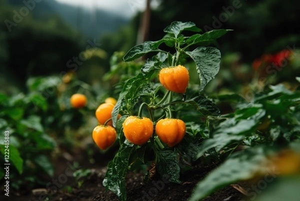 Fototapeta A vibrant cluster of yellow bell peppers glistening with water droplets, set against a lush green garden backdrop, showcasing the beauty of fresh produce and nature.