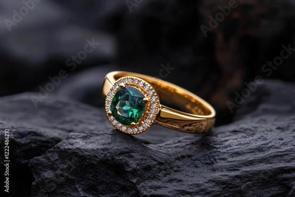 Fototapeta A stunning close-up of a green gemstone ring resting on a textured rocky surface, showcasing the intricate design and vibrant colors of the jewelry.