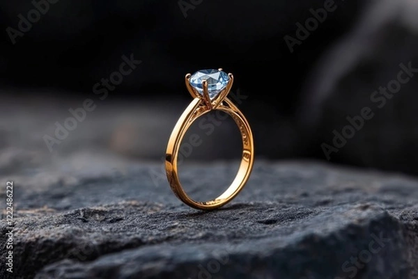 Fototapeta An elegant blue gemstone ring delicately placed on a rugged rock surface, beautifully highlighting the craftsmanship and the contrast of textures in the image.