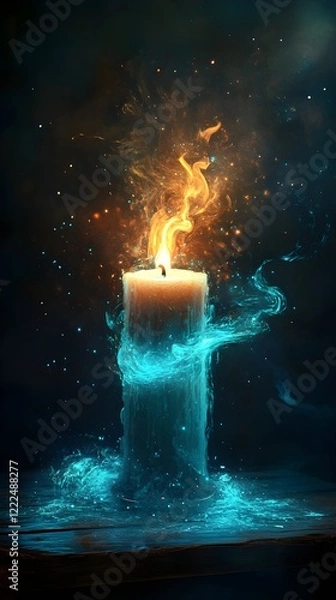 Fototapeta a lit candle surrounded by glowing blue water, set against a dark background. It evokes a mystical or magical feeling.