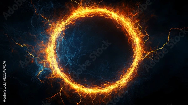 Fototapeta Electric circle or plasma round, realistic vector illustration. Abstractt round lightning frame with burning rays or powerful electric discharges isolated on black. Magical energy design element