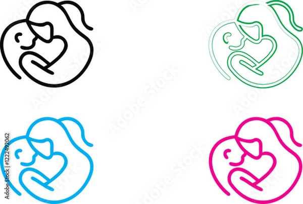 Obraz Simple line art, mother and baby icons, heart-shaped outlines, maternal love symbols, minimalist design, various colors, black pink blue green illustrations, nurturing imagery, parent-child bonding, s
