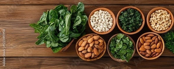 Obraz Wellness foods concept. Fresh herbs and nuts displayed in bowls on rustic wooden table.