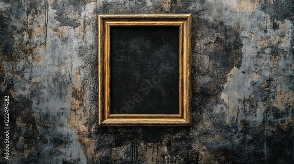 Fototapeta Empty Gold Frame on Textured Dark Gray Wall Background, Mockup Space for Text or Image.