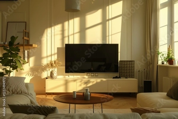 Fototapeta Modern living room with big TV and sofa in light beige tones. Neural network ai generated