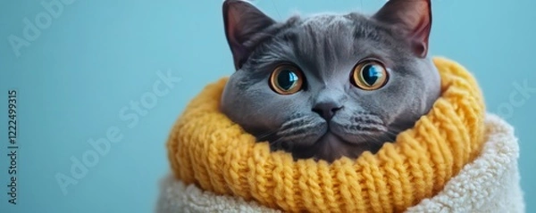 Fototapeta adorable grey cat taking a bath, wrapped snugly in a soft white towel