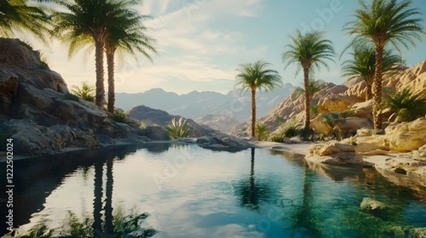 Fototapeta Tranquil Oasis Surrounded by Desert Mountains and Lush Palm Trees with a Crystal Clear Pool of Water