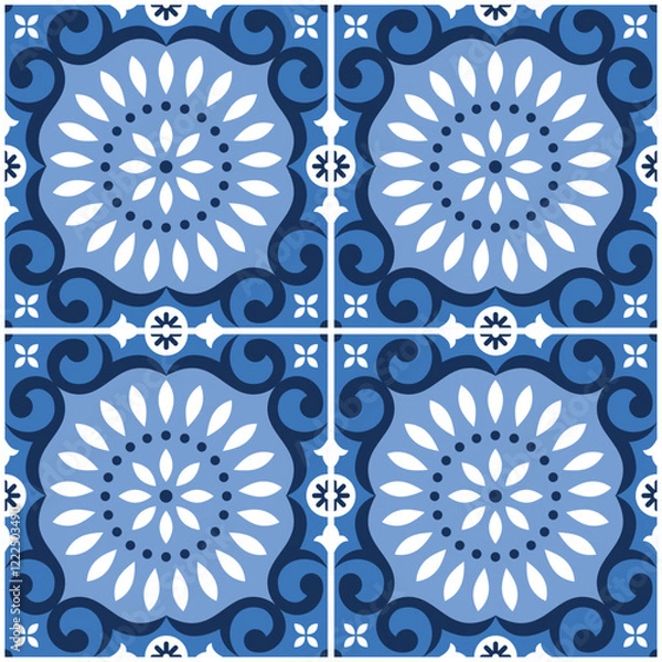 Obraz Portuguese Azulejo tile seamless vector pattern, retro design with flowers and geometric shapes in navy blue and white