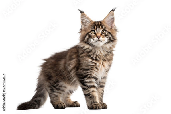 Obraz Maine coon kitten isolated on white. Maine coon kitten standing in front of white background. Studio photo.