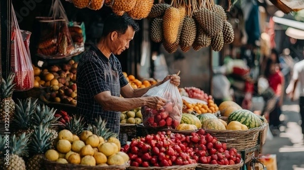 Obraz Vendor at a small fruit stall outside, handing a bag of fresh produce to a customer