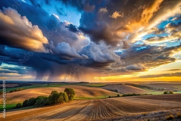 Fototapeta Dramatic Sunset Over Rolling Fields with Imposing Rain Clouds