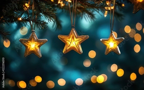 Fototapeta Glowing Golden Star Christmas Ornaments Hanging on a Pine Tree Branch with Bokeh Lights.