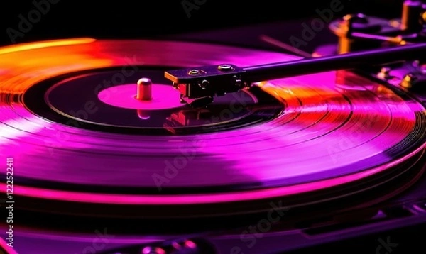 Obraz Vinyl record spinning on turntable with pink and orange lighting, close-up for music concept