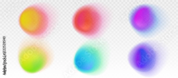Fototapeta Set of soft blurry circle shaped gradients. Colorful fluid paint, spots, blobs, color gradations with soft noise, grainy texture. Abstract isolated creative design elements for posters, print, web etc