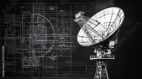 Fototapeta Black and white illustration of a large satellite dish with a detailed technical blueprint in the background symbolizing communication technology
