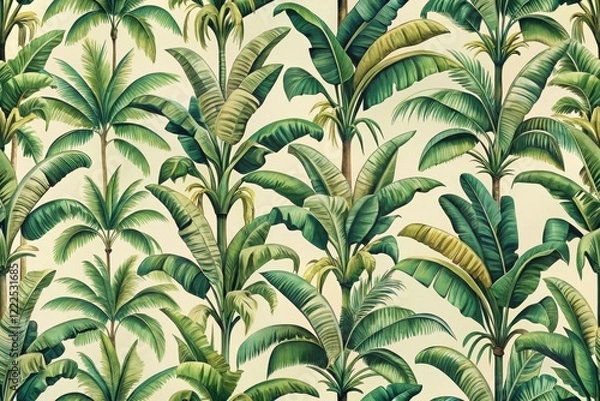 Obraz Lush Tropical Palm and Banana Tree Seamless Pattern Design for Textile, Wallpaper, or Fabric