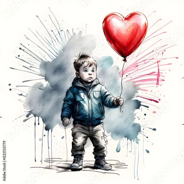 Fototapeta Child with Heart Balloon, Valentine's card